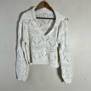 POL Ivory Open Knit Collared Sweater Size Medium Long Sleeve V-Neck